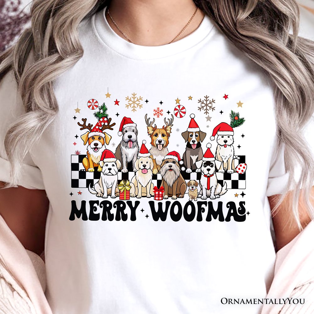 Merry Woofmas Dog Mama T‑Shirt, Dogs With Santa Hats Christmas Tee T-Shirts OrnamentallyYou 