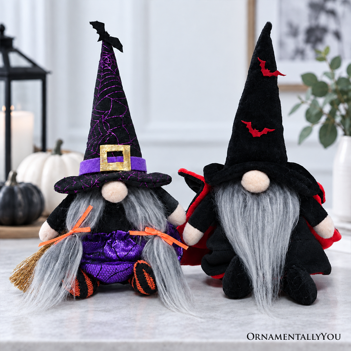 Midnight Magic Plush Gnome Set of 2, Gothic Witch and Vampire 10" Halloween Decor