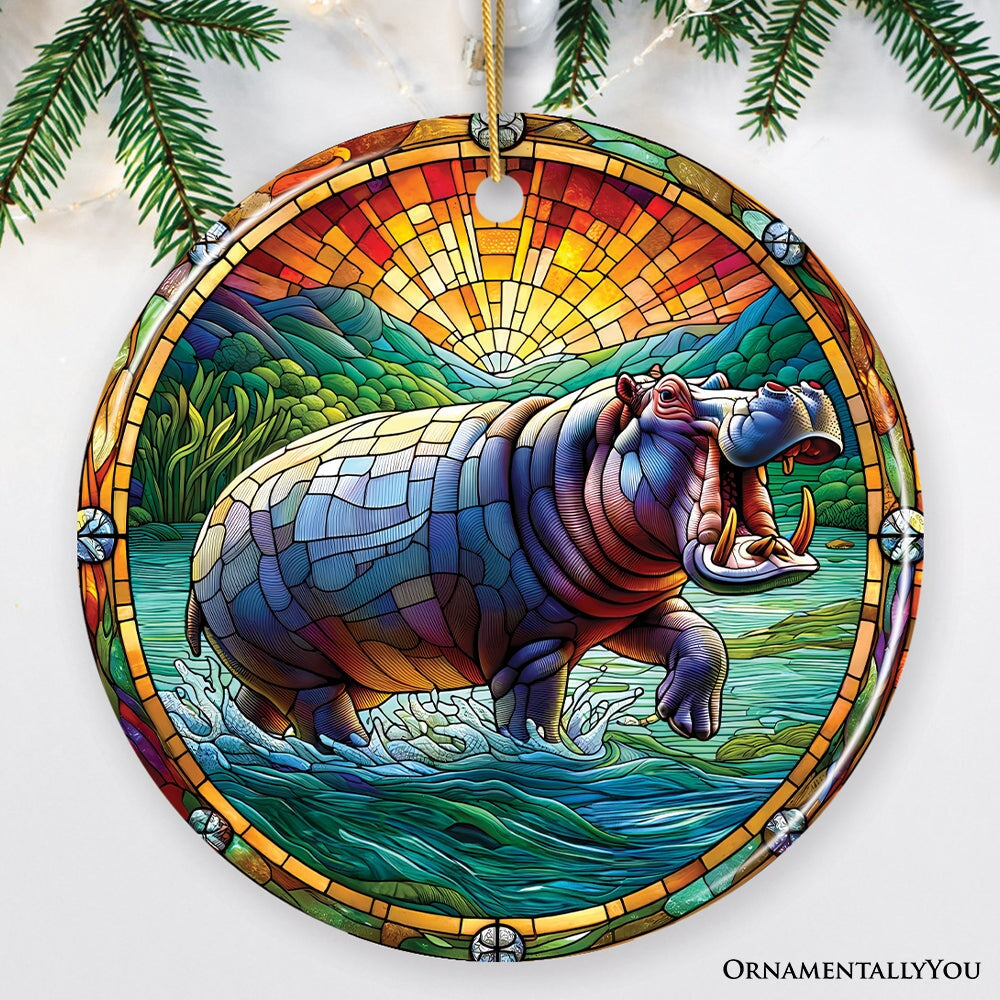 Mighty Hippopotamus Stained Glass Style Ceramic Ornament, African Animals Christmas Gift and Decor Ceramic Ornament OrnamentallyYou Circle 