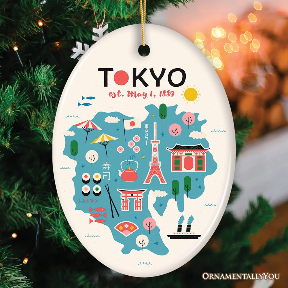 Minimalistic Elegant Tokyo Cultural Ornament, Vintage Japanese Landmarks Gift Ceramic Ornament OrnamentallyYou 