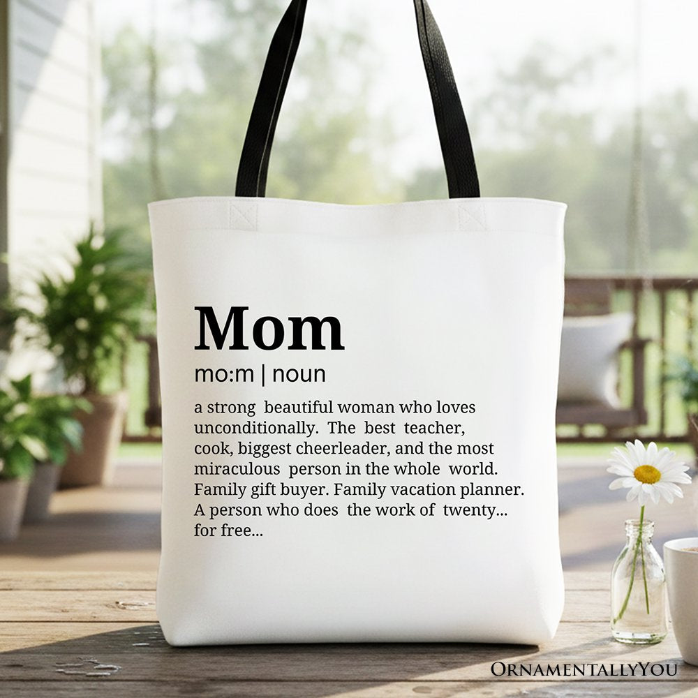 Mom Definition Canvas Tote Bag, Funny Mothers Day Gift Shopper Tote Bag OrnamentallyYou Black Handle 