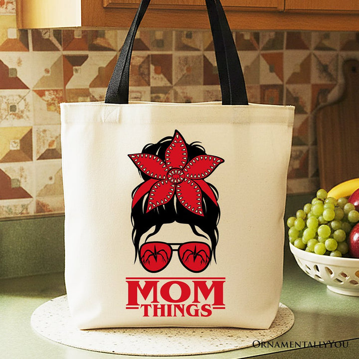 Mom Things Messy Bun Retro Canvas Tote Bag, Red Bandana Glasses Family Matching Gift Shopper Tote Bag OrnamentallyYou Black Handle 