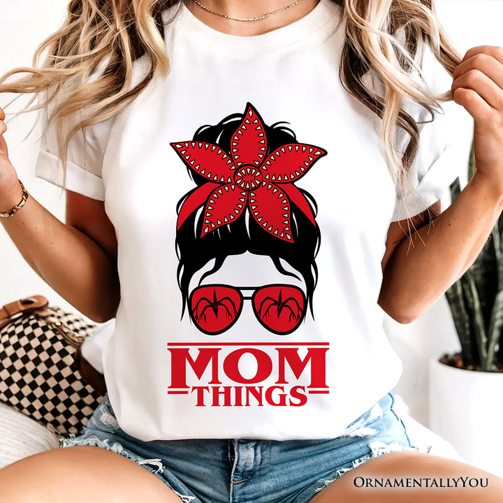Mom Things Messy Bun Retro T-Shirt, Red Bandana Glasses Family Matching Tee