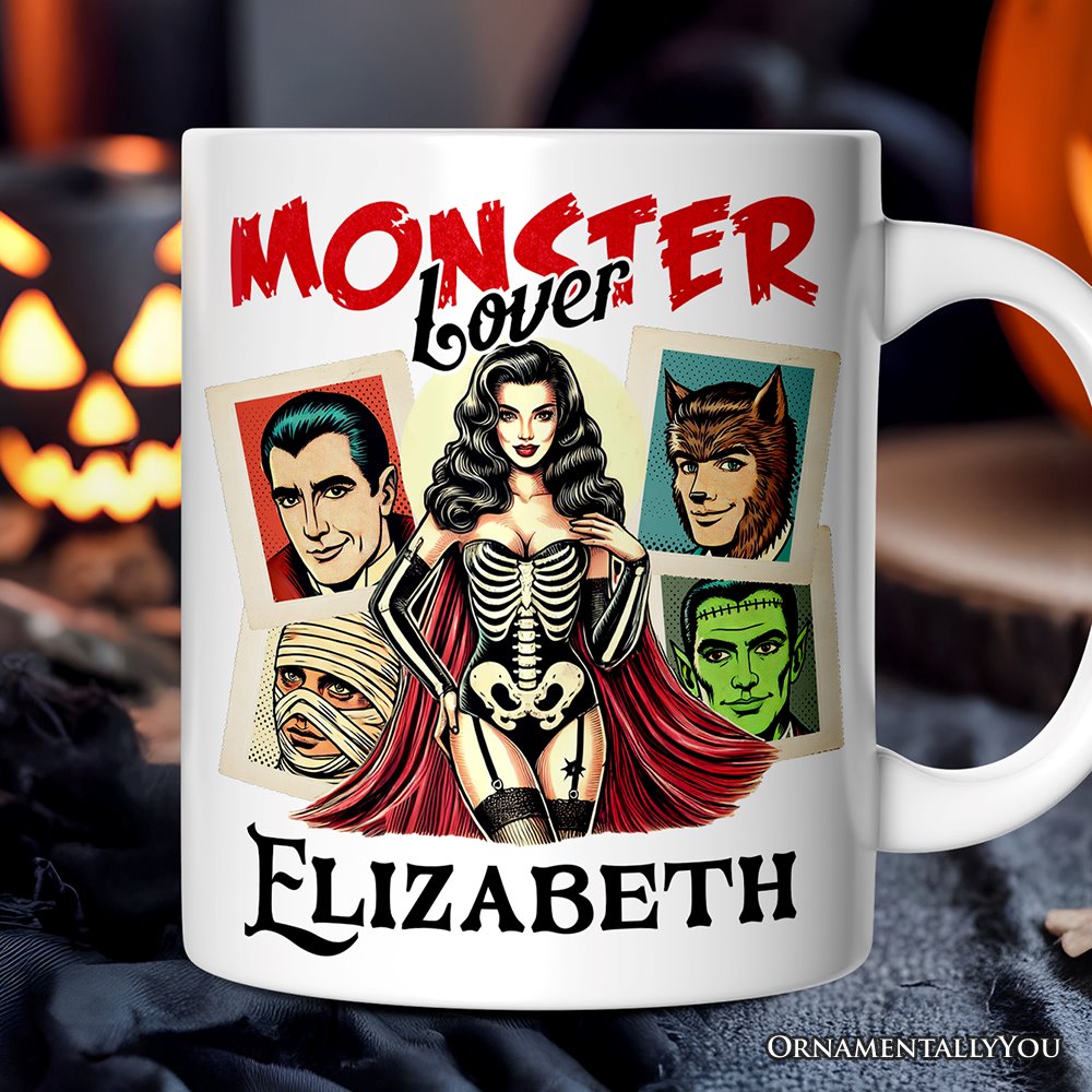 Monster Lover Personalized Halloween Mug, Retro Gift for Women with Custom Name Personalized Ceramic Mug OrnamentallyYou 12oz Mug Customized 