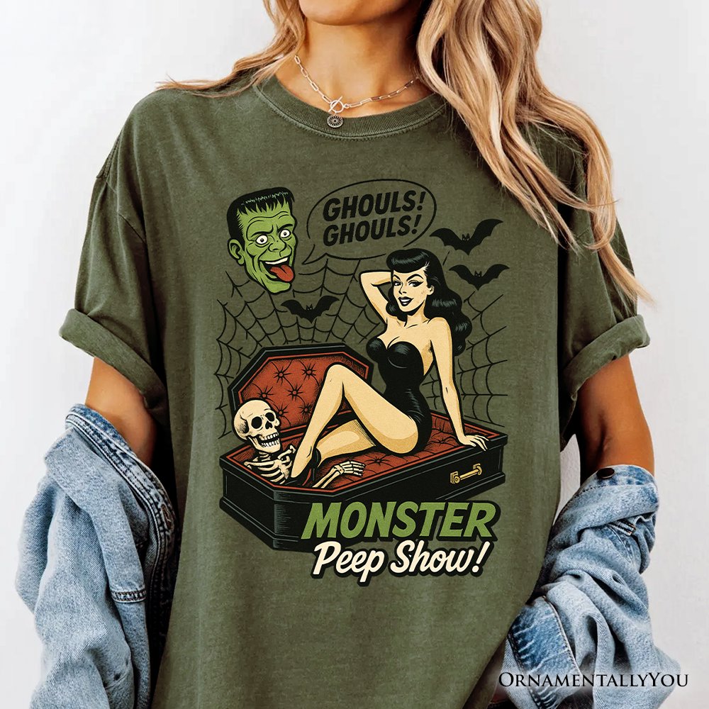 Monster Peep Show Pin-Up T-Shirt, Retro Horror Halloween Tee T-Shirts OrnamentallyYou 