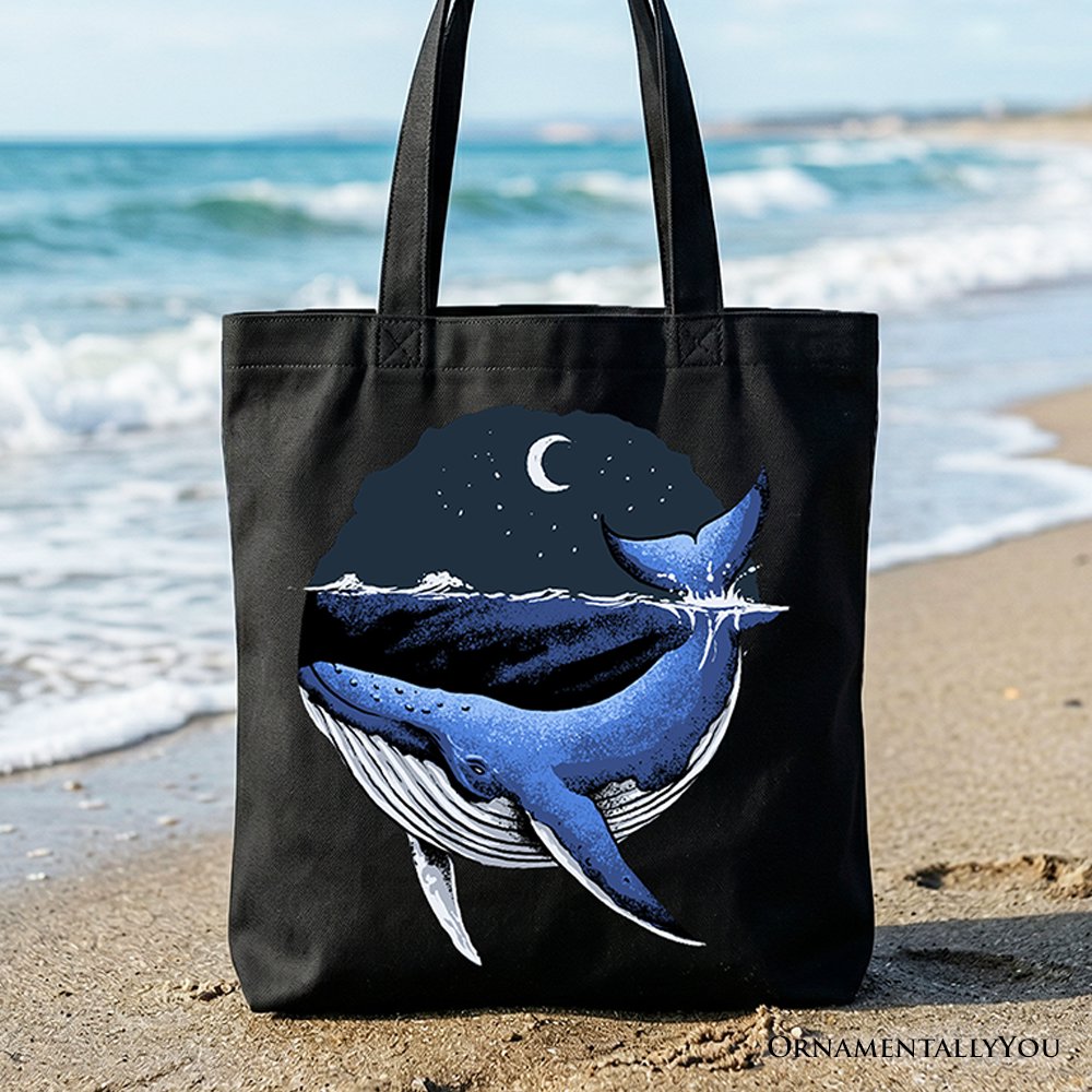 Moonlit Whale Vintage Tote Bag, Night Ocean Retro Gift Shopper Tote Bag OrnamentallyYou Black 