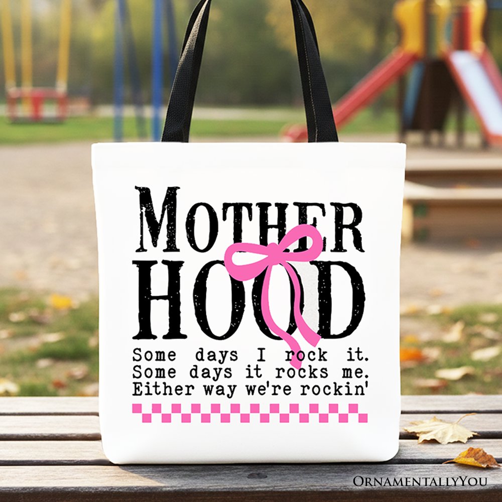 Motherhood Coquette Pink Bow Tote Bag, Retro Checkered Gift Shopper Tote Bag OrnamentallyYou Black Handle 