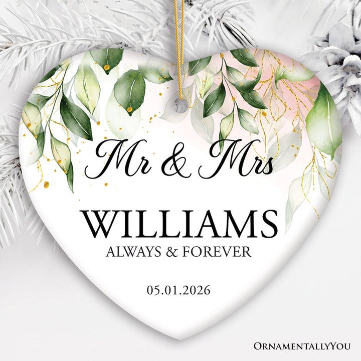 Mr and Mrs Personalized Ornament, Elegant Wedding Couples Gift Ceramic Ornament OrnamentallyYou Heart 