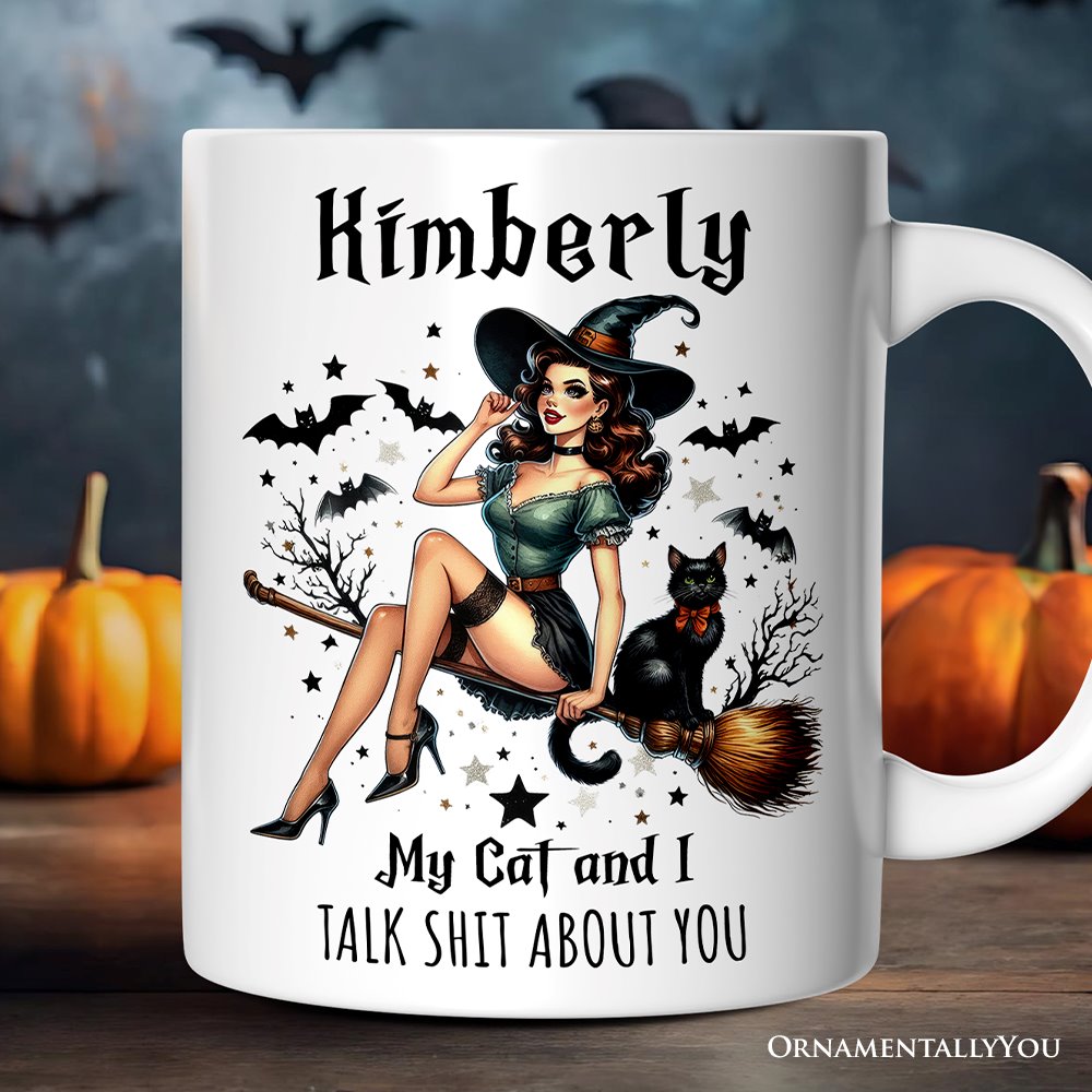 My Cat and I Talk Shit About You Personalized Halloween Mug, Retro Gift with Custom Name Personalized Ceramic Mug OrnamentallyYou 12oz Mug Customized 