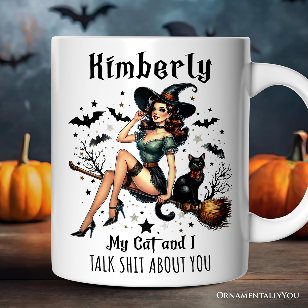 My Cat and I Talk Shit About You Personalized Halloween Mug, Retro Gift with Custom Name