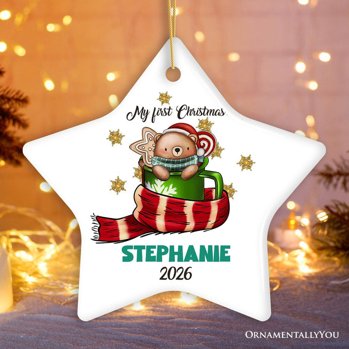 My First Christmas Cute Bear in Stocking Ornament, Custom Baby Gift Ceramic Ornament OrnamentallyYou Star 