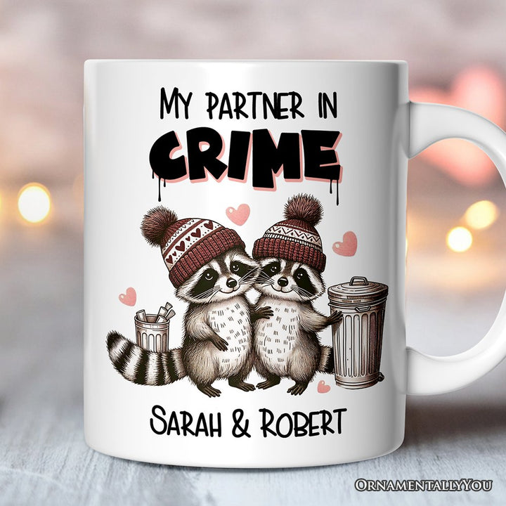 My Partner in Crime Love Racoons Personalized Mug For Couple, Funny Vintage Retro Gift With Custom Names Personalized Ceramic Mug OrnamentallyYou 12oz Mug Customized 