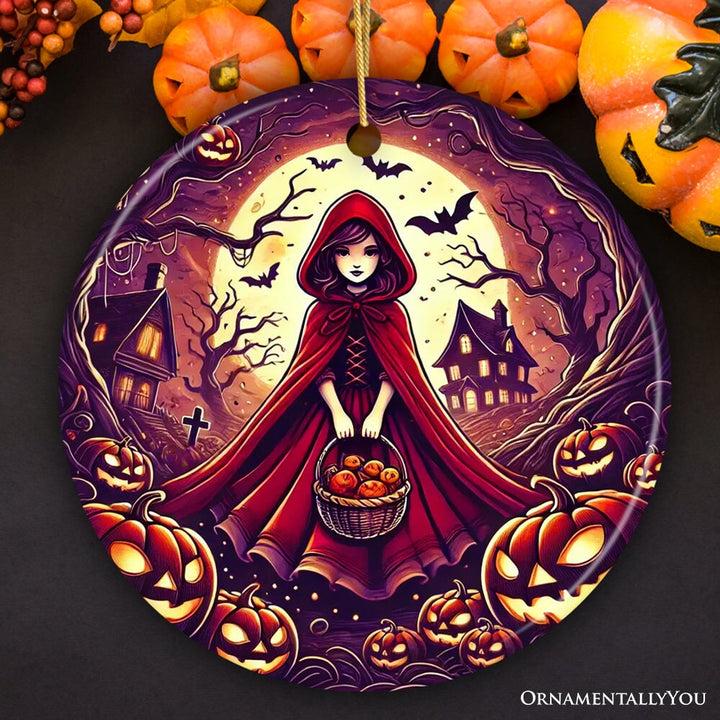 Mysterious Red Riding Hood in the Woods Ornament, Spooky Halloween Tree Decor Ceramic Ornament OrnamentallyYou Circle Version 1 