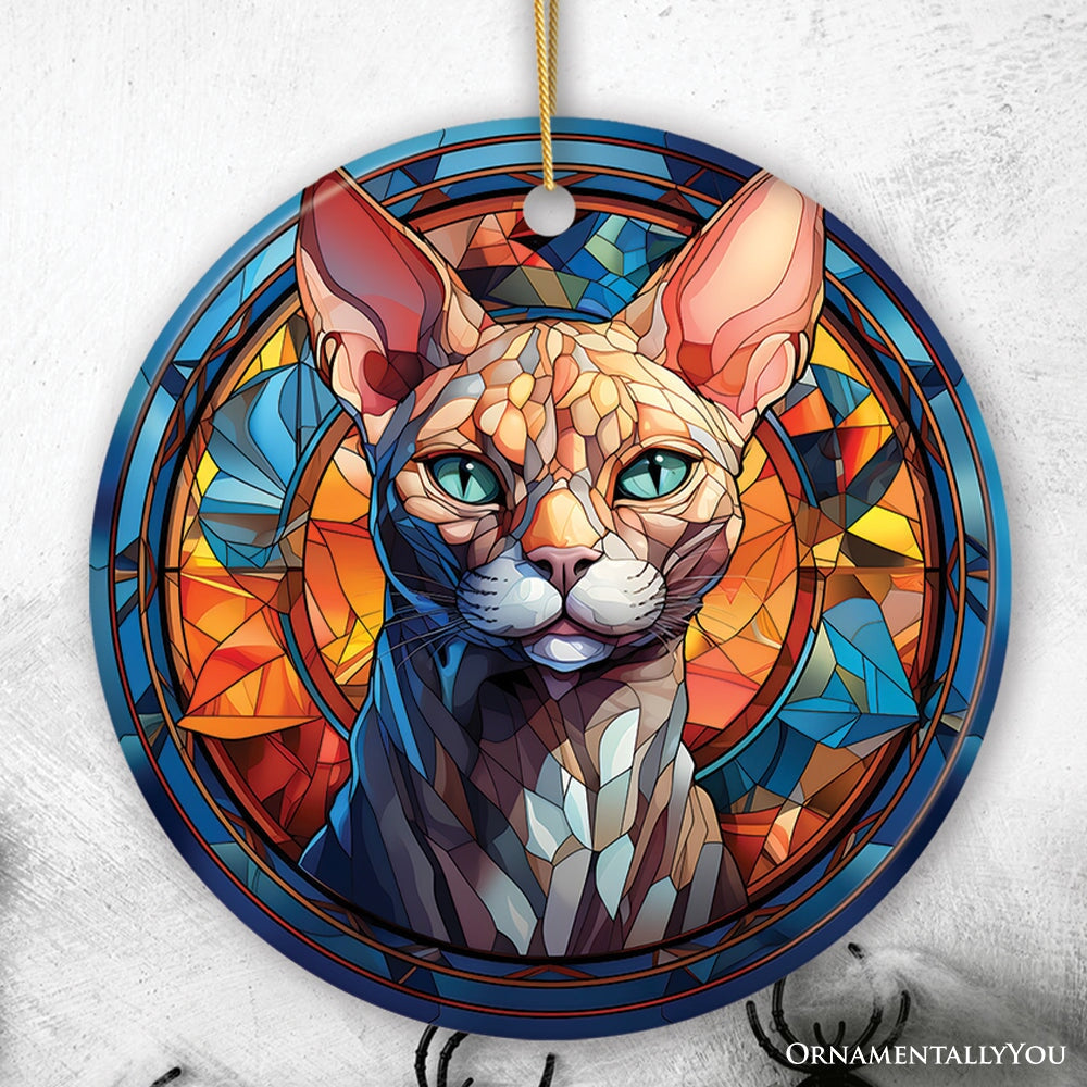 Mystical Feline Bewitching Cat Stained Glass Style Ceramic Ornament, Halloween Themed Christmas Gift and Decor Ceramic Ornament OrnamentallyYou Circle 