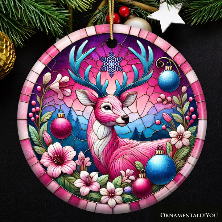 Mystical Yuletide Deer Pink Themed Ornament, Elegant Christmas Tree Decor Ceramic Ornament OrnamentallyYou Circle Version 2 