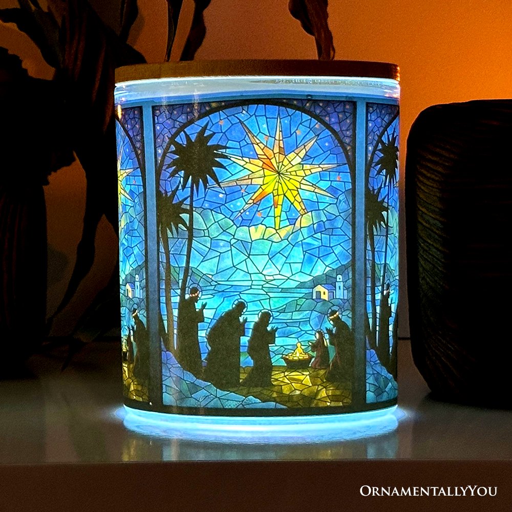 Nativity Faux Stained Glass LED Tea Light Candle, Holy Night Scene Christmas Decor With Soft Glow Candles OrnamentallyYou 