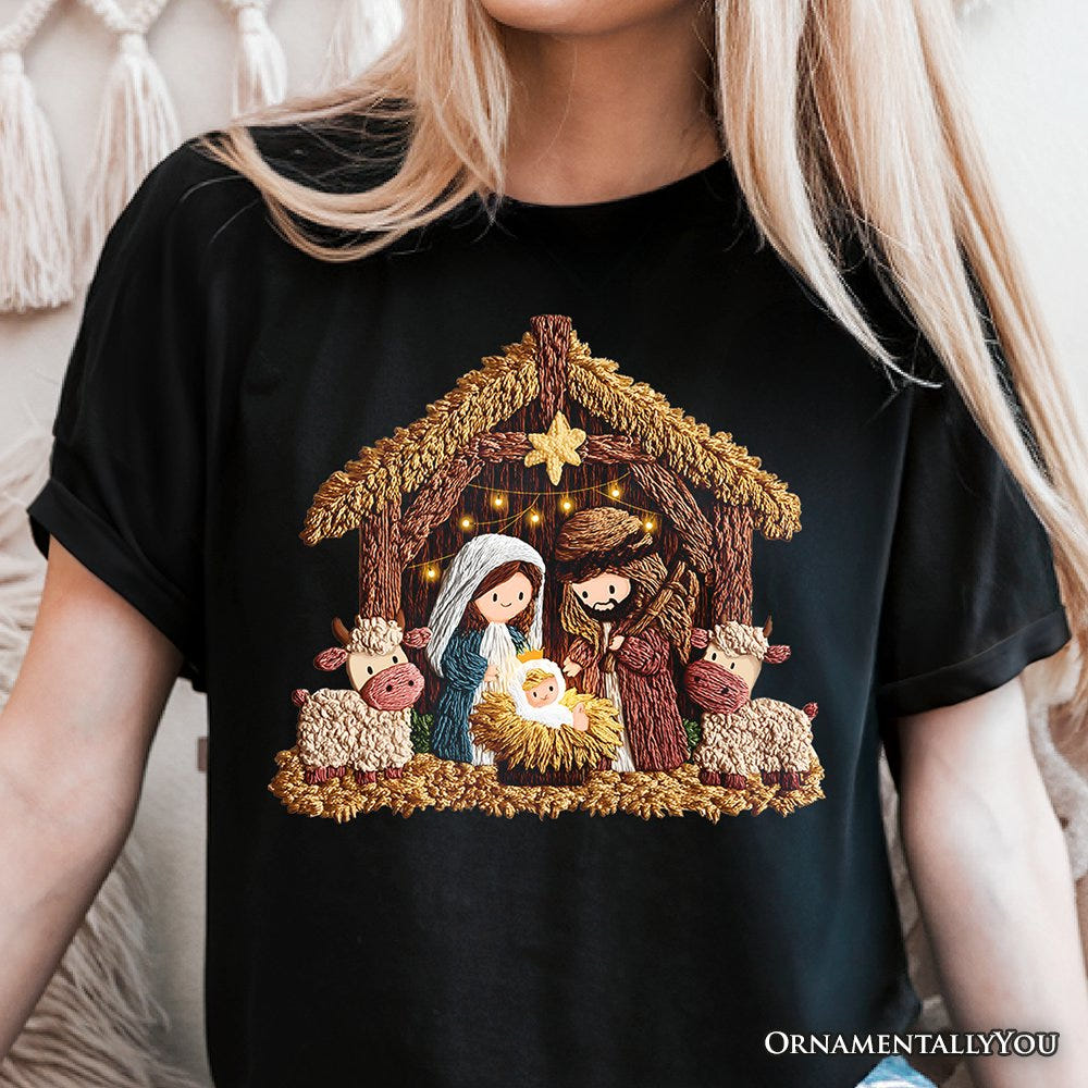 Nativity Holy Family Jesus Christmas T-Shirt, Imitation Latch Hook Yarn Cozy Christian Tee T-Shirts OrnamentallyYou 