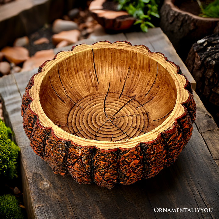 (Pre-Order) Nature's Basin Tree Bark Themed Bowl, 6" Resin Woodlandbasin Bird Bath Decor