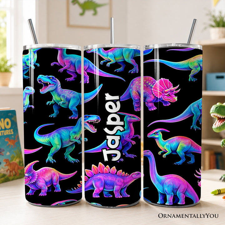 Neon Dinosaur Pattern 20oz Personalized Tumbler With Lid and Stainless Steel Straw, Colorful Prehistoric Gift Cup