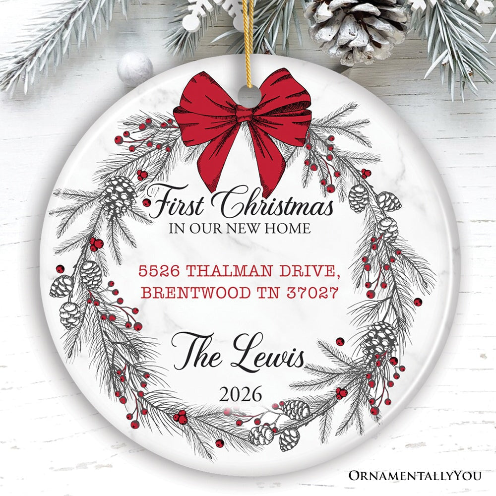 New Home Personalized Christmas Ornament, Family Gift With Custom Address and Last Name Ceramic Ornament OrnamentallyYou Circle 