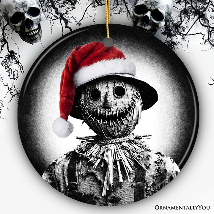 Nightmarish Scarecrow with Santa Hat Ornament, Gift For Unique Halloween Tree Christmas Decor Ceramic Ornament OrnamentallyYou Circle 