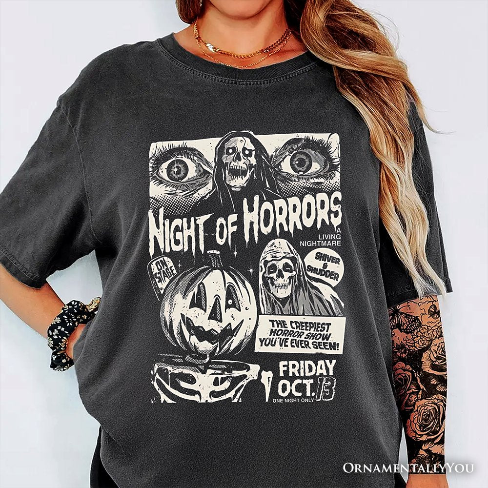 Night of Horrors Retro Halloween T-Shirt, Vintage Poster Tee for Spooky Season Fans T-Shirts OrnamentallyYou 