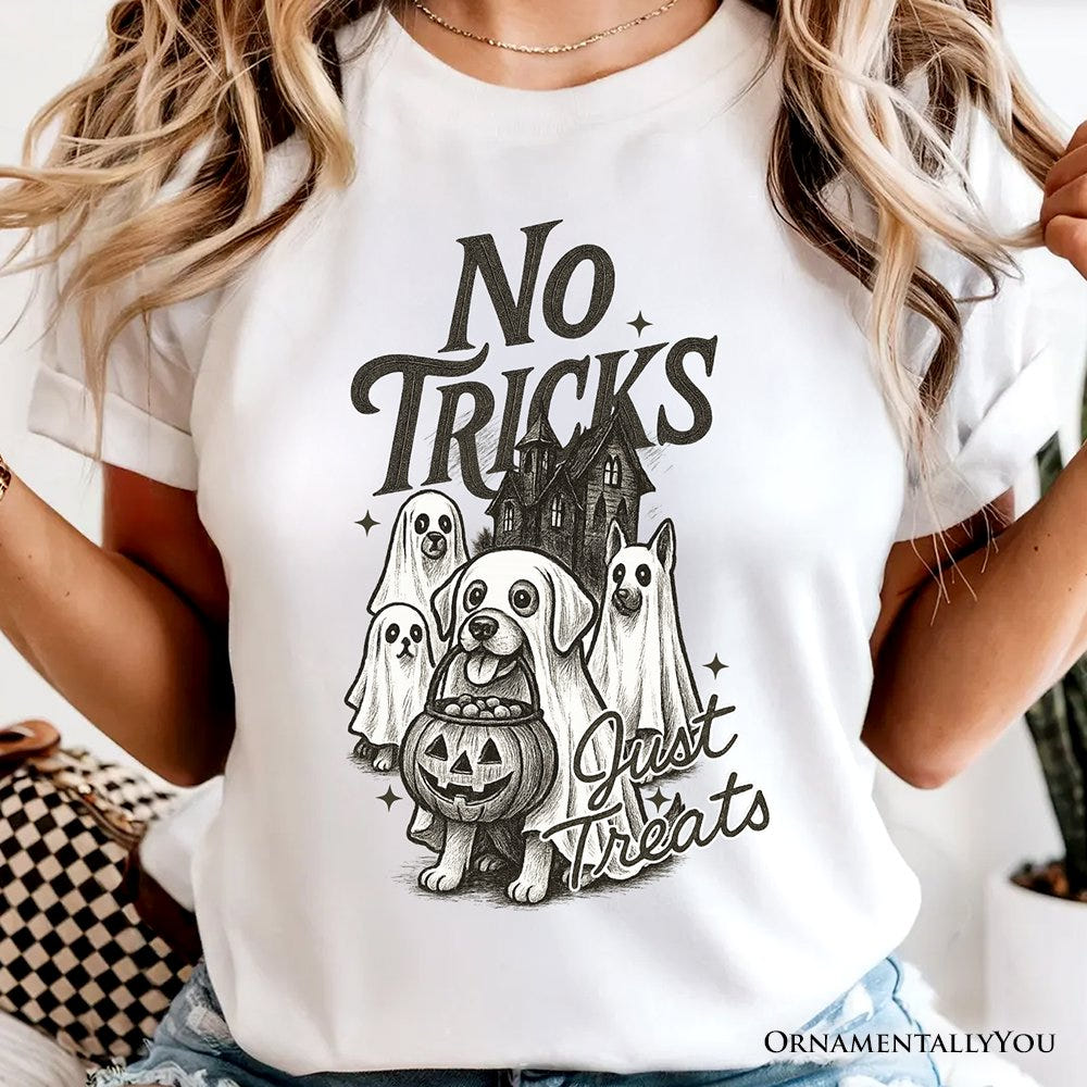 No Tricks Just Treats Dog T-Shirt, Funny Halloween Puppy Tee with Spooky Vibes T-Shirts OrnamentallyYou 