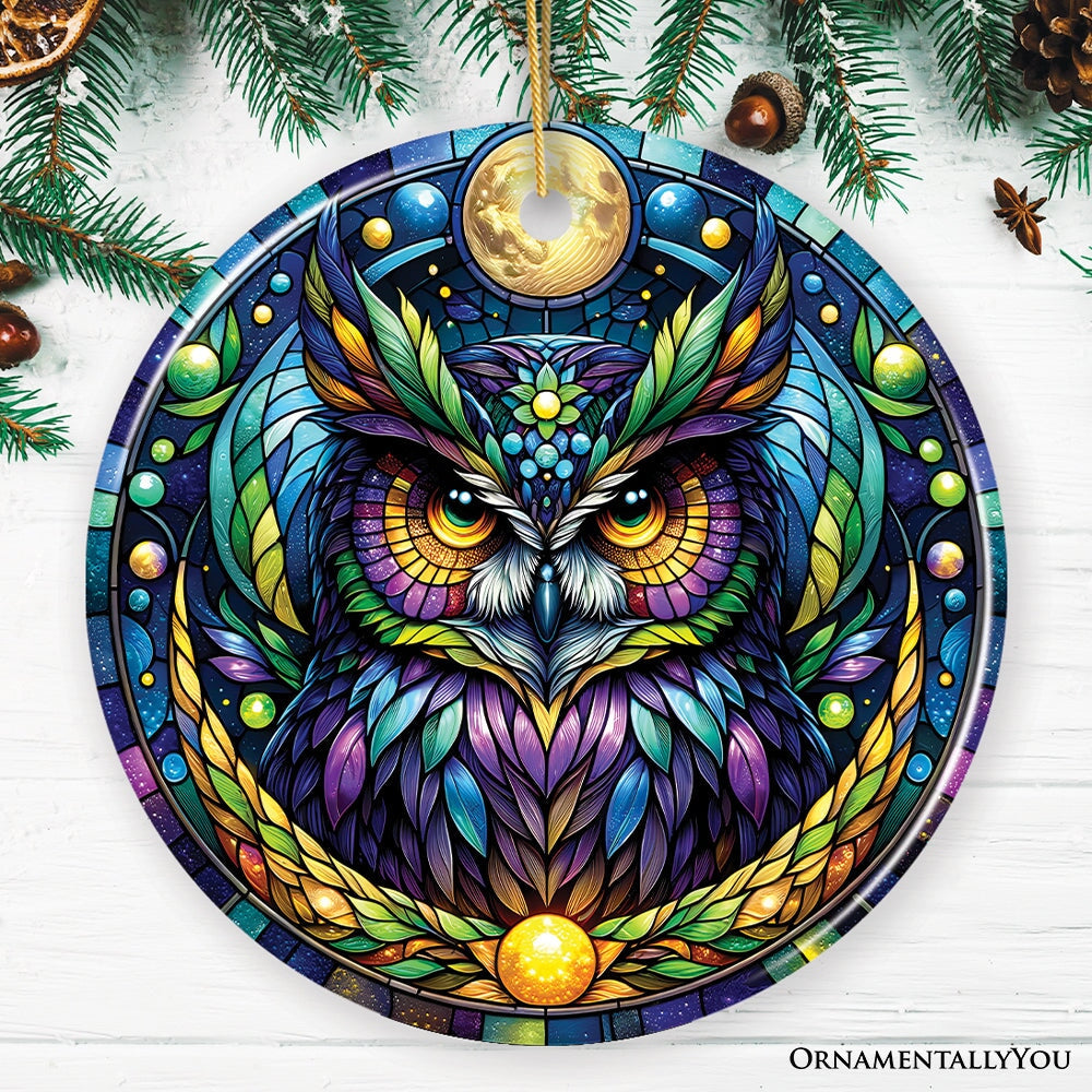 Nocturnal Enchanter Mysterious Owl Stained Glass Style Ceramic Ornament, Halloween Themed Christmas Gift and Decor Ceramic Ornament OrnamentallyYou Circle 