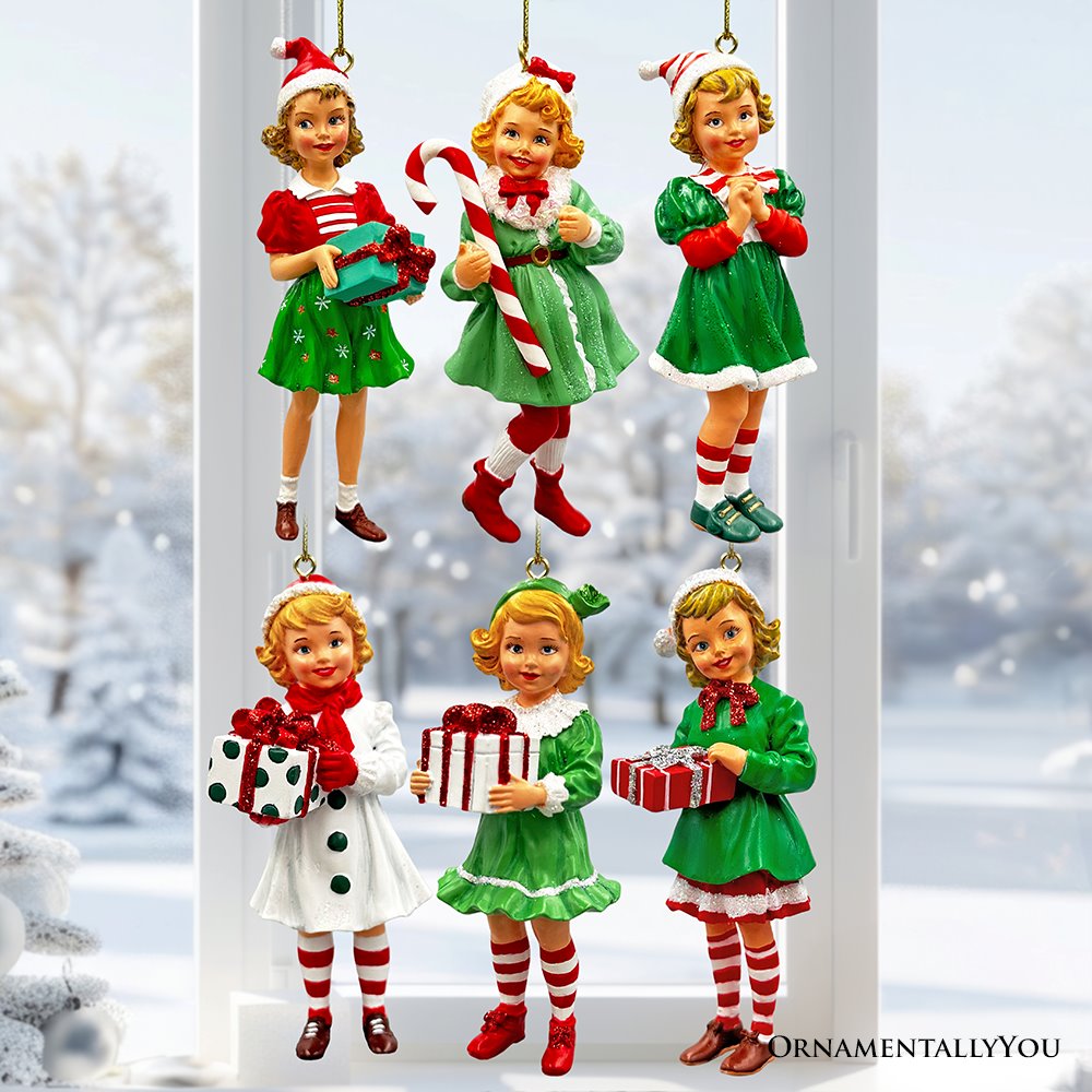 (Pre-Order) Nostalgic Victorian Christmas Girl Charming Set of 6 Ornaments, Vintage Old Fashioned Resin Holiday Decoration Ornament Bundle OrnamentallyYou 