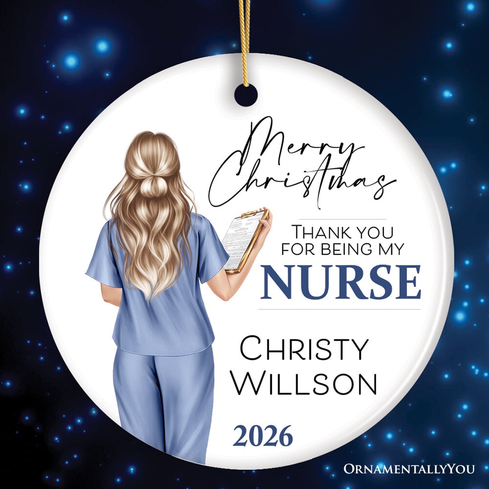 Nurse Appreciation Gift Personalized Ornament, Custom Retirement, Student or Nursing Practitioner Small Christmas Present Ceramic Ornament OrnamentallyYou Circle 