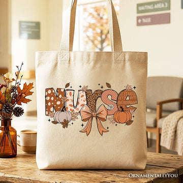 Nurse Coquette Autumn Tote Bag, Cozy Fall Pumpkins for Nurses Tote Bag OrnamentallyYou Beige 