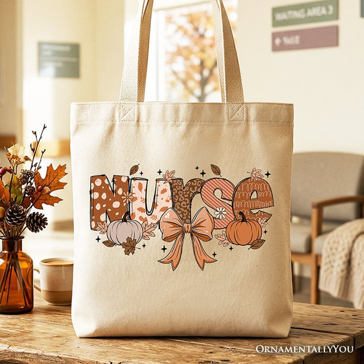 Nurse Coquette Autumn Tote Bag, Cozy Fall Pumpkins for Nurses Tote Bag OrnamentallyYou Beige 