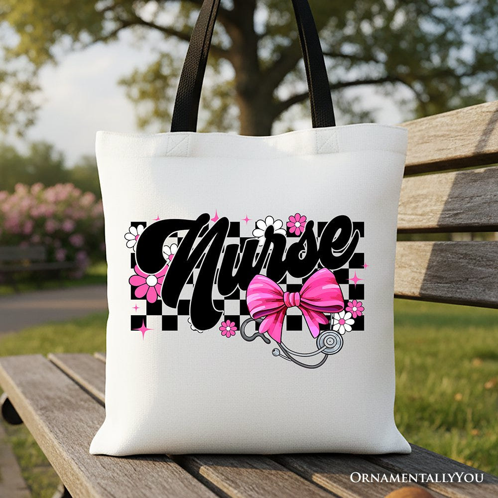 Nurse Floral Coquette Pink Bow Canvas Tote Bag, Retro Stethoscope Checkered Coworker Gift Tote Bag OrnamentallyYou Black Handle 