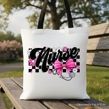 Nurse Floral Coquette Pink Bow Canvas Tote Bag, Retro Stethoscope Checkered Coworker Gift Tote Bag OrnamentallyYou Black Handle 