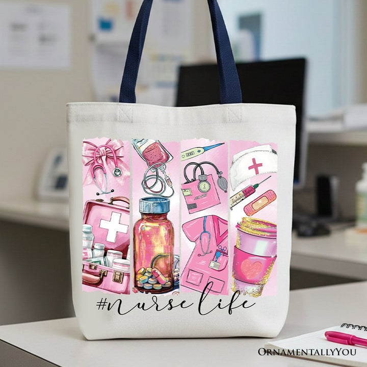 Nurse Life Canvas Tote Bag, Medical Essentials Gift Bag for Coquette Nurses Tote Bag OrnamentallyYou Navy Handle 