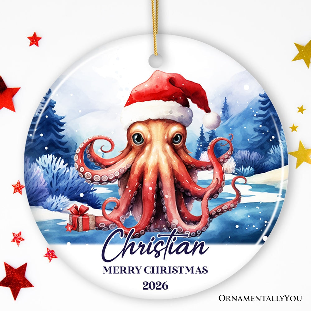 Octopus with Santa Hat Personalized Ornament, Festive Christmas Gift With Custom Name and Date Ceramic Ornament OrnamentallyYou Circle 