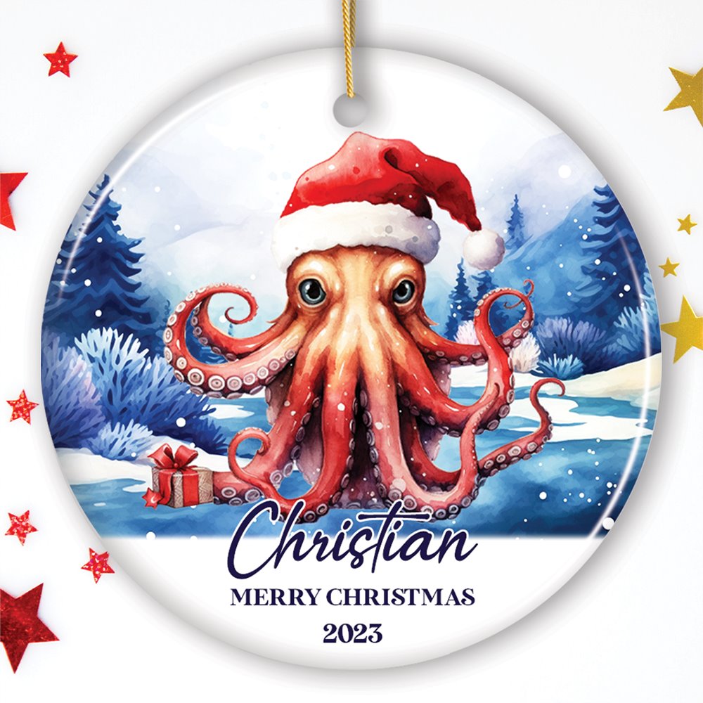 Octopus with Santa Hat Personalized Ornament, Festive Christmas Gift With Custom Name and Date Ceramic Ornament OrnamentallyYou Circle 