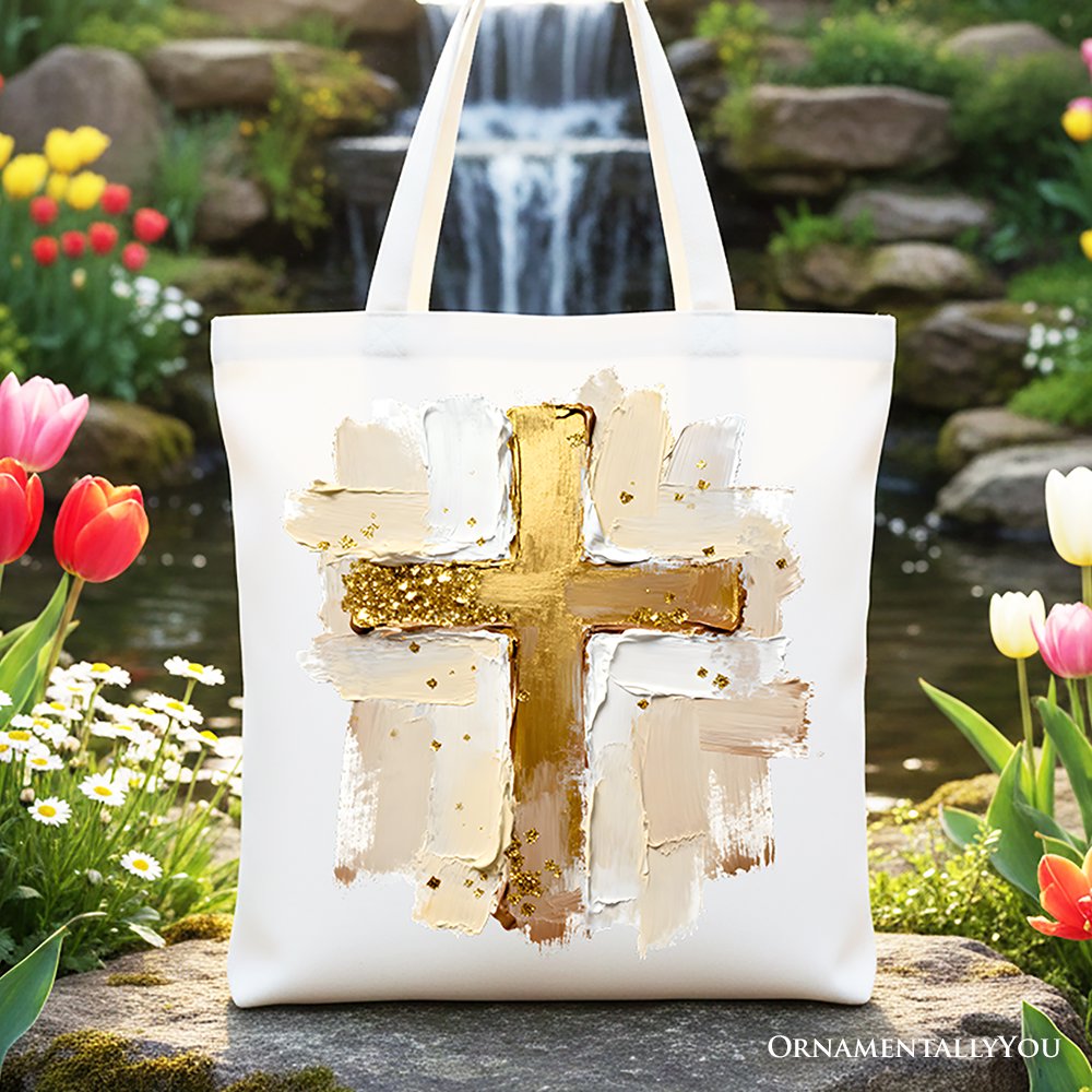 Oil Brushstroke Cross Canvas Tote Bag, Christian Faith Jesus Easter Gift Shopper Tote Bag OrnamentallyYou White 