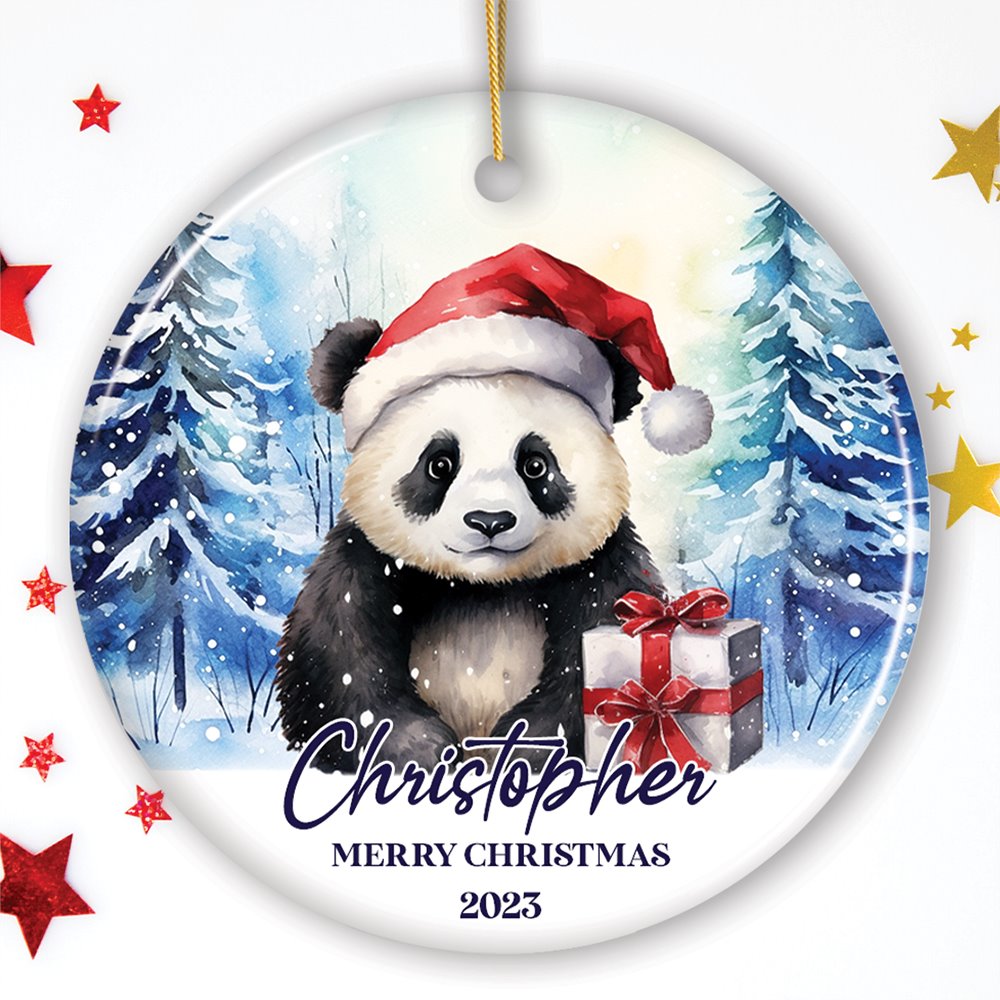 Panda with Santa Hat Personalized Ornament, Winter Forest Christmas Gift With Custom Name and Date Ceramic Ornament OrnamentallyYou Circle 