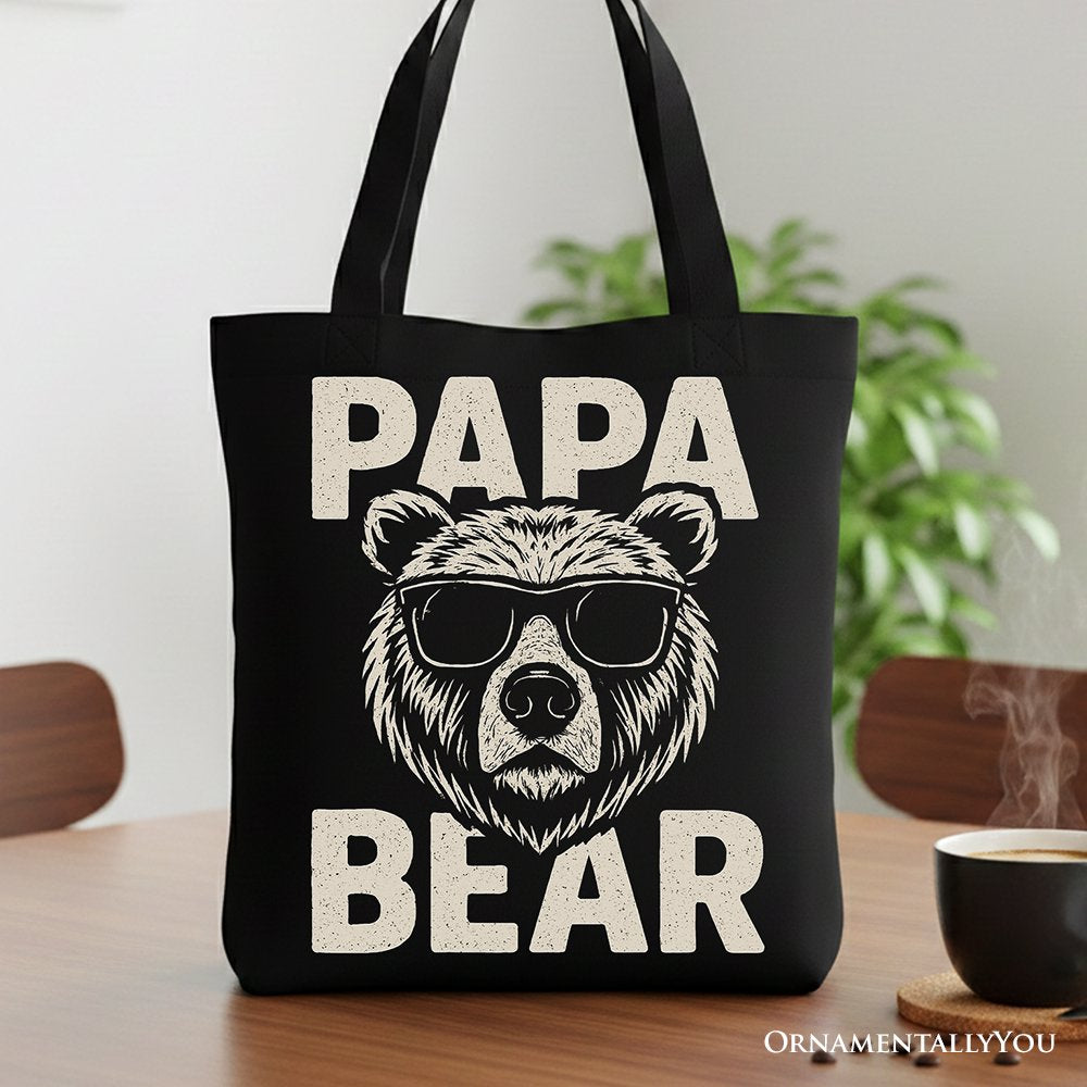 Papa Bear Sunglasses Canvas Tote Bag, Black Vintage Gift Shopper for Cool Dads Tote Bag OrnamentallyYou Black 