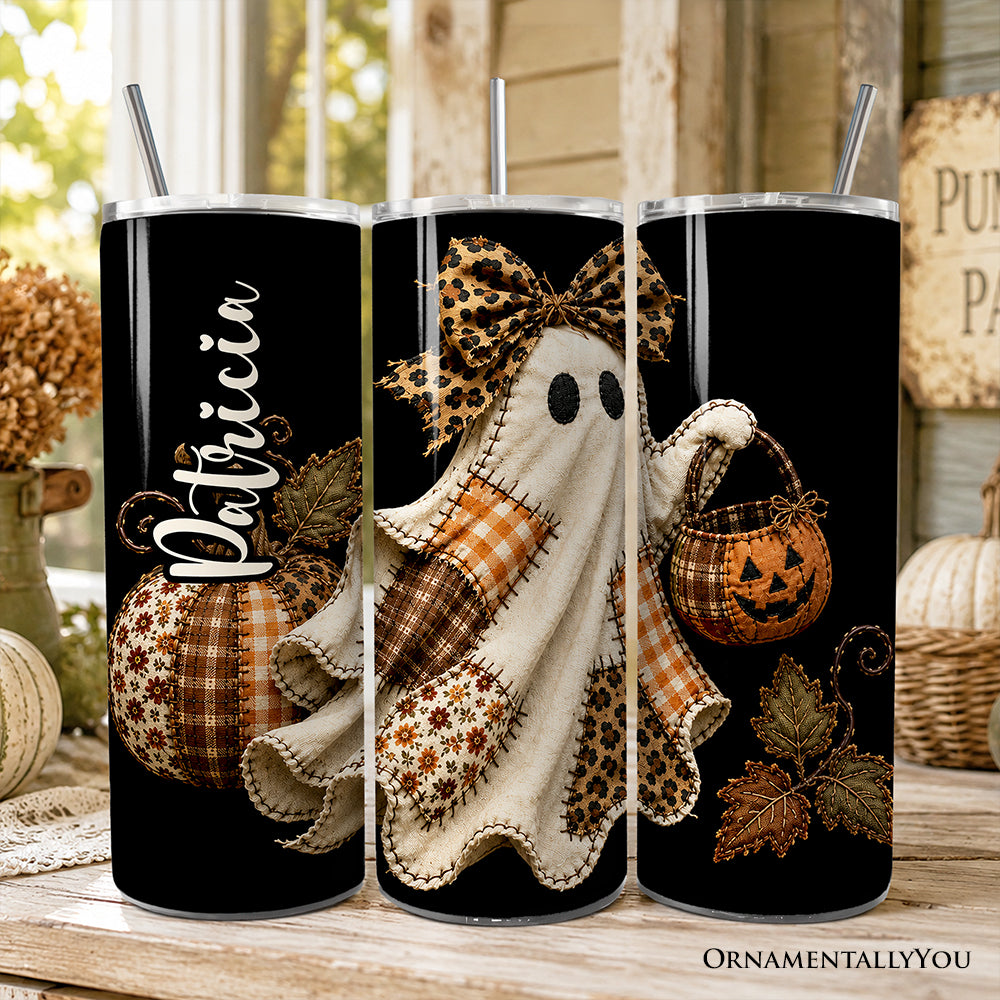 Patchwork Ghost Leopard 20oz Personalized Tumbler With Lid and Stainless Steel Straw, Rustic Fall Halloween Gift Cup