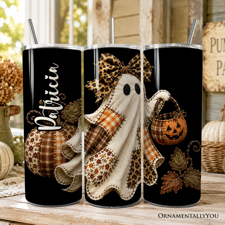 Patchwork Ghost Leopard 20oz Personalized Tumbler With Lid and Stainless Steel Straw, Rustic Fall Halloween Gift Cup