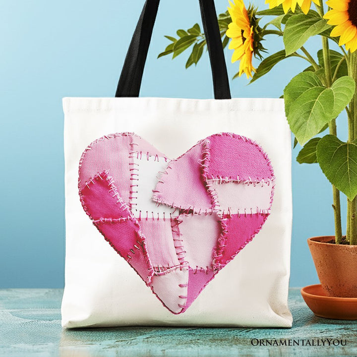 Patchwork-Style Pink Heart Canvas Tote Bag, Vintage Valentine Coquette Love Printed Gift Bag Tote Bag OrnamentallyYou Black Handle 