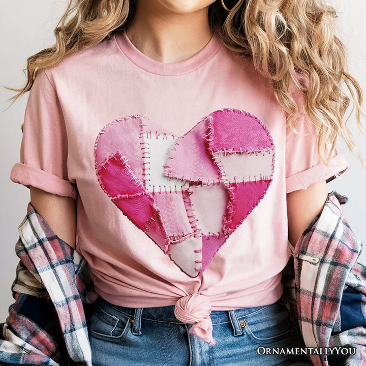 Patchwork Pink Heart Valentine T-Shirt, Love Retro Coquette Tee T-Shirts OrnamentallyYou 