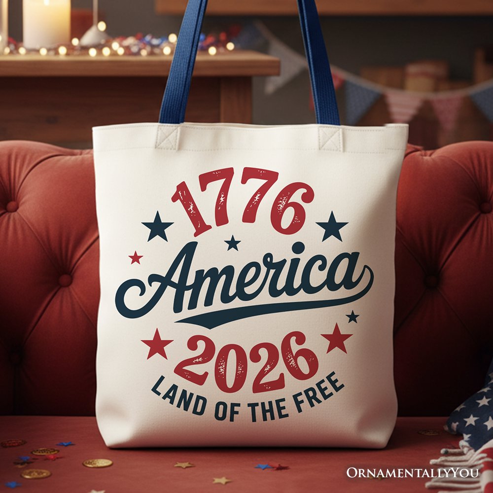 Patriotic America 1776-2026 Land of the Free Canvas Tote Bag, 250 Year Independence Day Celebration Gift Tote Bag OrnamentallyYou Navy Handle 