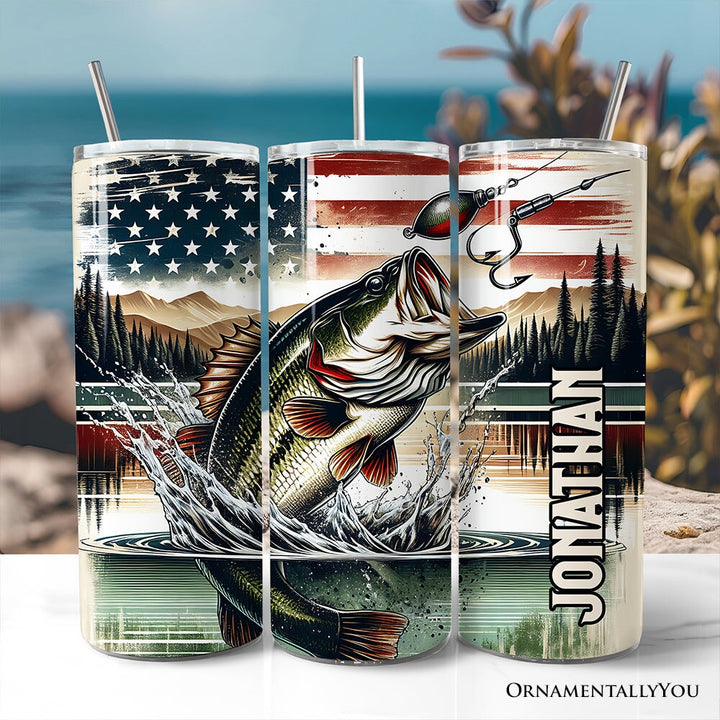 Patriotic Bass Fishing 20oz Personalized Tumbler With Lid and Stainless Steel Straw, Retro Angler Gift Cup Tumbler OrnamentallyYou Customized 