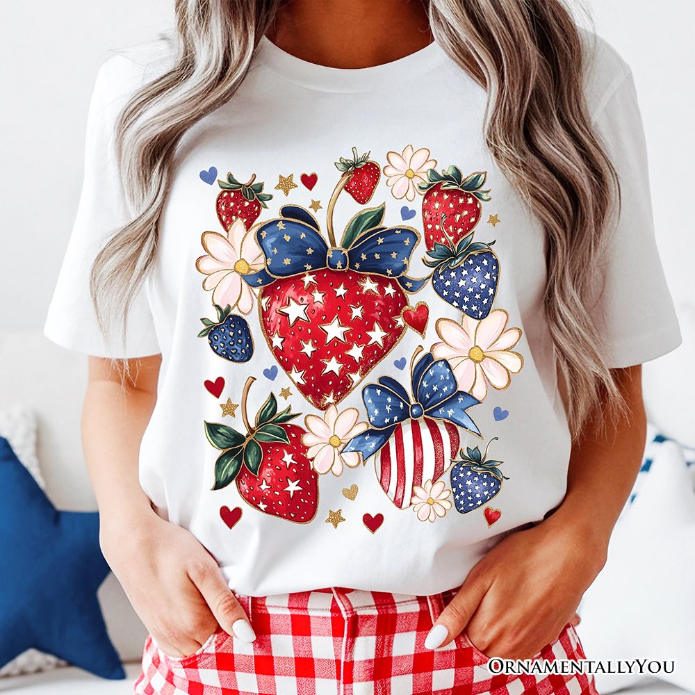 Patriotic Boho Strawberries Bouquet T-Shirt, 4th of July Festive Patch Tee T-Shirts OrnamentallyYou 