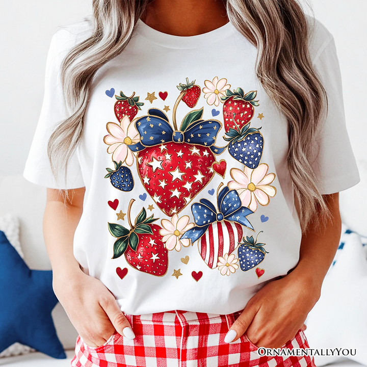 Patriotic Boho Strawberries Bouquet T-Shirt, 4th of July Festive Patch Tee