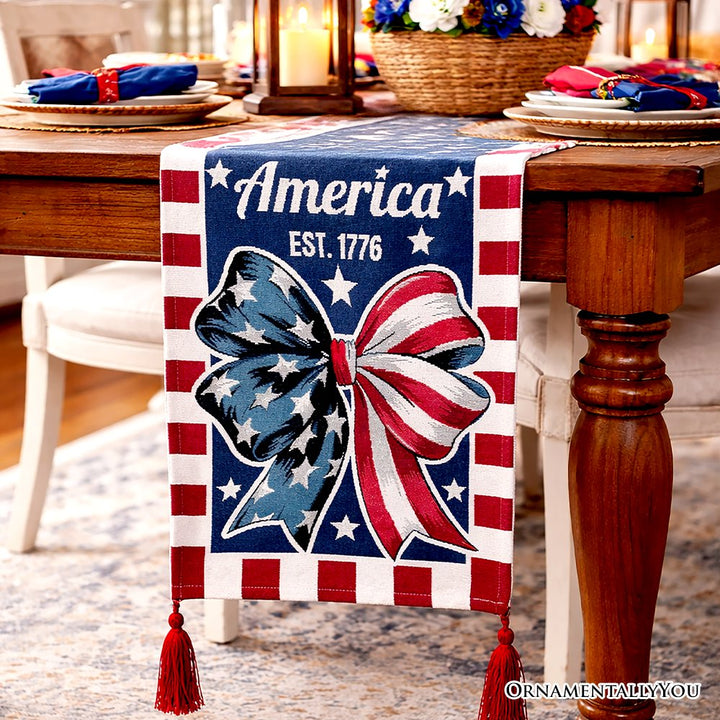 Patriotic Bow 72" Jacquard Table Runner, High Quality Holiday Rectangle Tablecloth with Red White Blue Design Table Runner OrnamentallyYou 