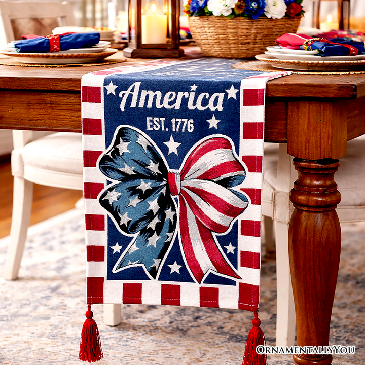 Patriotic Bow 72" Jacquard Table Runner, High Quality Holiday Rectangle Tablecloth with Red White Blue Design